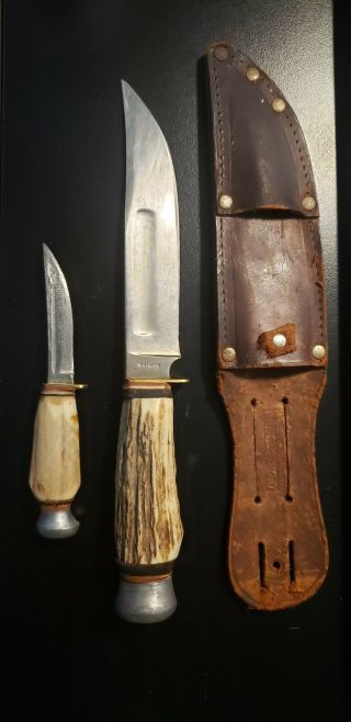 Rare Soligen Monarch German 2 Knife Set With Piggyback Leather Sheath