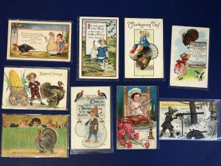 9 Thanksgiving Children Postcards Antique Vintage Early 1900 