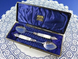Antique Mother Of Pearl Handled Jam Preserve Serving Spoons Fitted Box