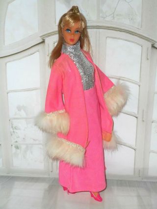 Vintage Barbie Hong Kong Clone Mod Fur Trimmed Bright Pink Coat Silver Dress