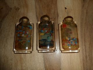 Three Vintage Antique Rare Chinese Glass Snuff Bottles With Stoppers