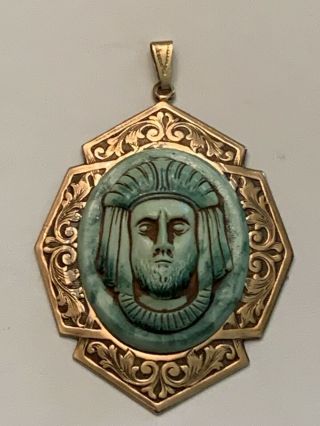 Listing - Antique Egyptian Revival Pharaoh Czech Glass Pendant.  Brass -