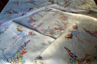 Vintage Hand Embroidered Lg.  Linen Tablecloth Crinoline Ladies Garden Flowers
