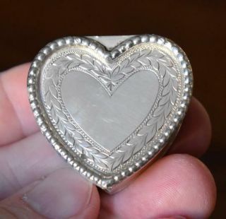 Sweet Little Antique English Sterling Silver Heart Pill Box W Gold Wash Interior