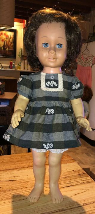 Vintage 1960 Chatty Cathy Doll Brown Hair Blue Eyes Soft Face 20 In.  Blue Dress
