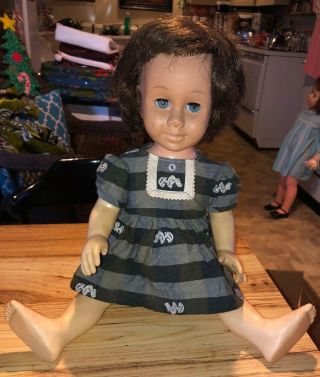 Vintage 1960 Chatty Cathy Doll Brown Hair Blue Eyes Soft Face 20 In.  Blue Dress 2