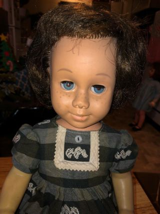 Vintage 1960 Chatty Cathy Doll Brown Hair Blue Eyes Soft Face 20 In.  Blue Dress 3