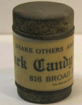 ANTIQUE VINTAGE METAL SHAKER CAN w/MINIATURE BONE DICE ADVERTISING CLARK CANDY 2