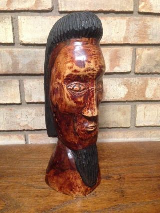 Vintage Folk Art Hand Carved Sculpture Figural Man Bust Head Solid Wood 11 ",  2lb