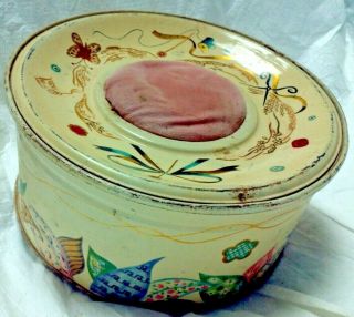 Antique Sewing Tin - Metal Vintage Sewing Round Tin With Pin Cushion On Lid