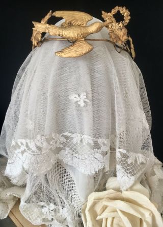 Antique 19thC French Tiara Wedding Crown Gilt Pressed Metal Dove In Flight 2