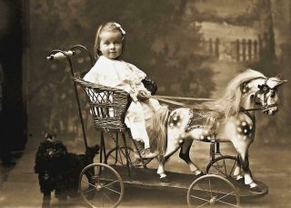 Antique Photo Little Girl On Wooden Horse Toy Victorian Era Photo Print 5x7