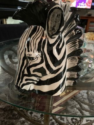 Vintage 12 " Ceramic Zebra Head Vase Figurine Black & White Rare Signed Laura