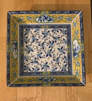 Pretty Square Chinese Bowl Blue Yellow Green Flowers Marked Porcelain