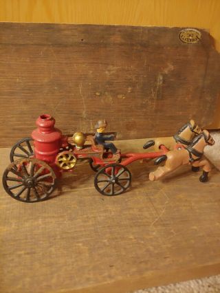 Vintage Cast Iron Horse Drawn Fire Engine Coach Horses RARE Gift Fireman Antique 2