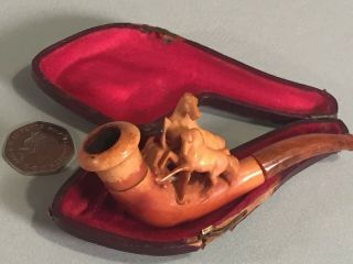 Antique Carved Smoking Pipe,  Two Horses Galloping With Fitted Case.