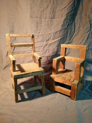 (2) Antique Vintage Old Handmade Wood Doll Chair Toy Display