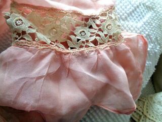 Art Deco Pink Silk Chiffon And Lace Fragment Scalloped So 11 " By 5 "