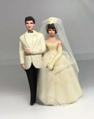 Vintage Wilton Bride & Groom Wedding Cake Topper Brown Hair Eyes Couple 3.  5”