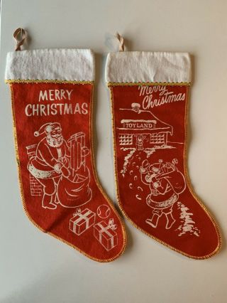 2 Antique Vintage Stenciled Felt Christmas Stocking Santa - Merry Christmas