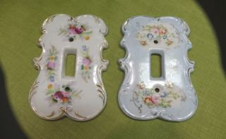 2 Vintage Hand Painted Porcelain Light Switch Cover Plate Roses Gold Trim French