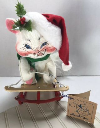Annalee Dolls Vintage White Cat On Wood Sled Christmas Holiday Figure Ornament