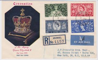 Gb Stamps Rare First Day Cover 1953 Coronation Registered Arundel Cds To Usa
