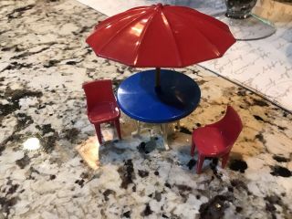 Vintage Hard Soft Plastic Dollhouse Furniture Plasco Toys Patio Set Umbrella