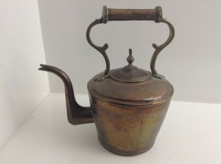 Vintage Antique Copper Brass Engraved Teapot Tea Kettle With Fancy Spout Inv 897