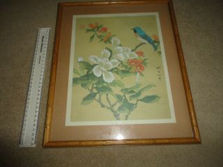 Lovely Vintage Chinese/japanese Painting - Print On Silk On Bamboo Frame Oriental