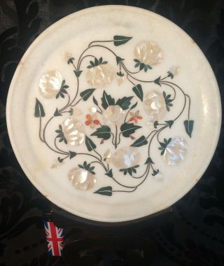 9 15/16 " Large Antique Indian Marble Pietra Dura & Mother Of Pearl Inlay Plate