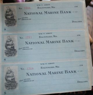 Antique Baltimore Md.  National Marine Bank Check 