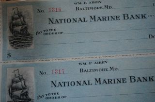 ANTIQUE BALTIMORE MD.  NATIONAL MARINE BANK CHECK ' S TALL SHIP LOGO CIRCA 1914 2