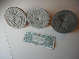 3 Antique Grungy Hand Carved Butter Stamps With Cracks,  Etc.  As Found