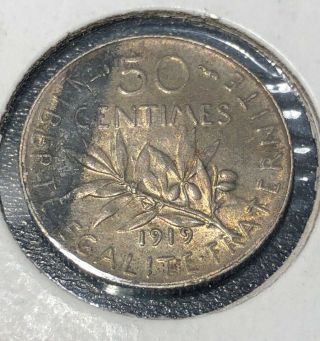 1919 Silver France 50 Centimes La Semeuse Rare World Coin
