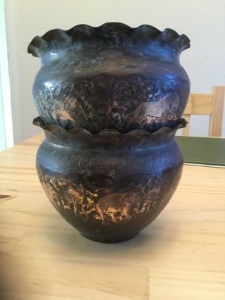 2 x Vintage rare 1930 ' s Indian brass vases.  Hand beaten (Need polishing) 2