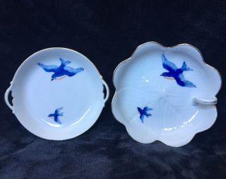 Antique Nippon Hand Painted Blue Bird Porcelain Pin Dish Set Rising Sun Mark
