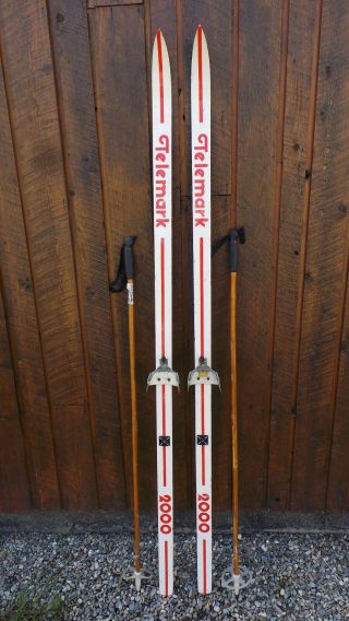 Vintage Wooden 73 " Skis Signed Telemark With Red White Finish