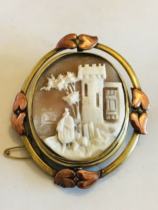 Antique Victorian Gilt Metal Carved Cameo Swivel Locket Back Brooch