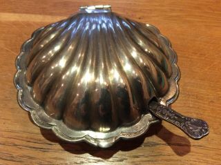 Vintage Silver Plated Scallop Shell Butter Or Caviar Dish Glass Lined With Spoon