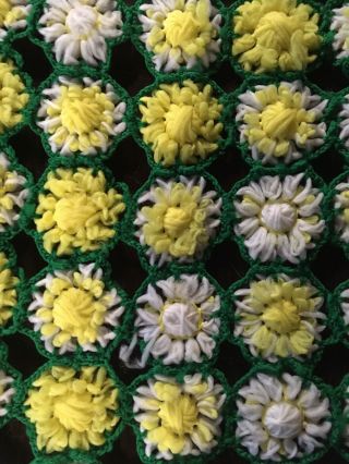 Vintage Crocheted Afghan Lap 3d Flowers Granny Squares 49x55 Green Yellow