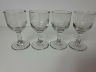 Vintage Stemmed Shot Glass With Etching Set Of 4 Antique Wine Liquor 0227