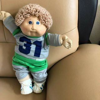 Vintage 1978 1982 Cabbage Patch Doll Blonde Boy Blue Eyes Overalls Outfit