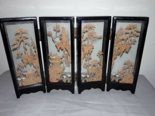 Rare Vintage Chinese Hand Carved Cork Origami Diorama 4 Panel Fold Up Screen.
