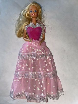 Vintage 1985 Dream Glow Barbie Doll Pink Star Gown Jewelry Htf Mattel