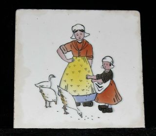 Antique G.  M.  T.  & Bro Germany Footed Ceramic Trivet Dutch Mother,  Girl W/ Geese