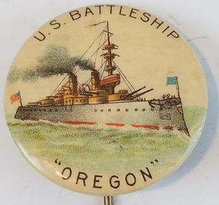 Us Battleship Oregon Pin Button 1.  25 " Whitehead Hoag 1896 Antique