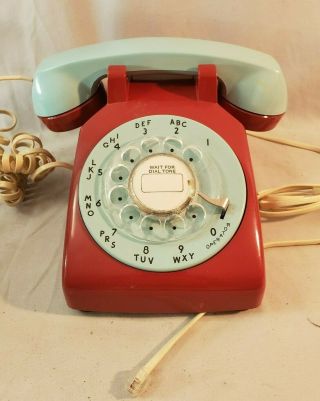Cool Vintage Custom Dial Desk Telephone Pale Blue Red Mid Century Modern No Res