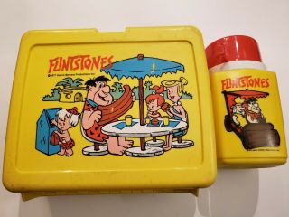 Vintage Plastic Lunchbox 1977 Hanna Barbera Flintstones With Thermos Yellow Rare