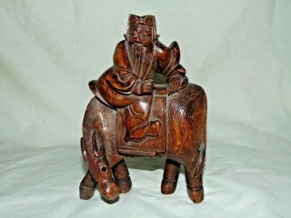 Great Good Detail Antique Vintage Chinese Japanese Carved Wood Figure On Beast